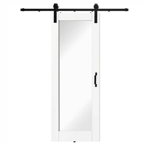 30 in. x 84 in. Full Lite Mirrored Glass White PVC Covering MDF Barn Door Slab with Full Hardware Kit Set, Pre-drilled