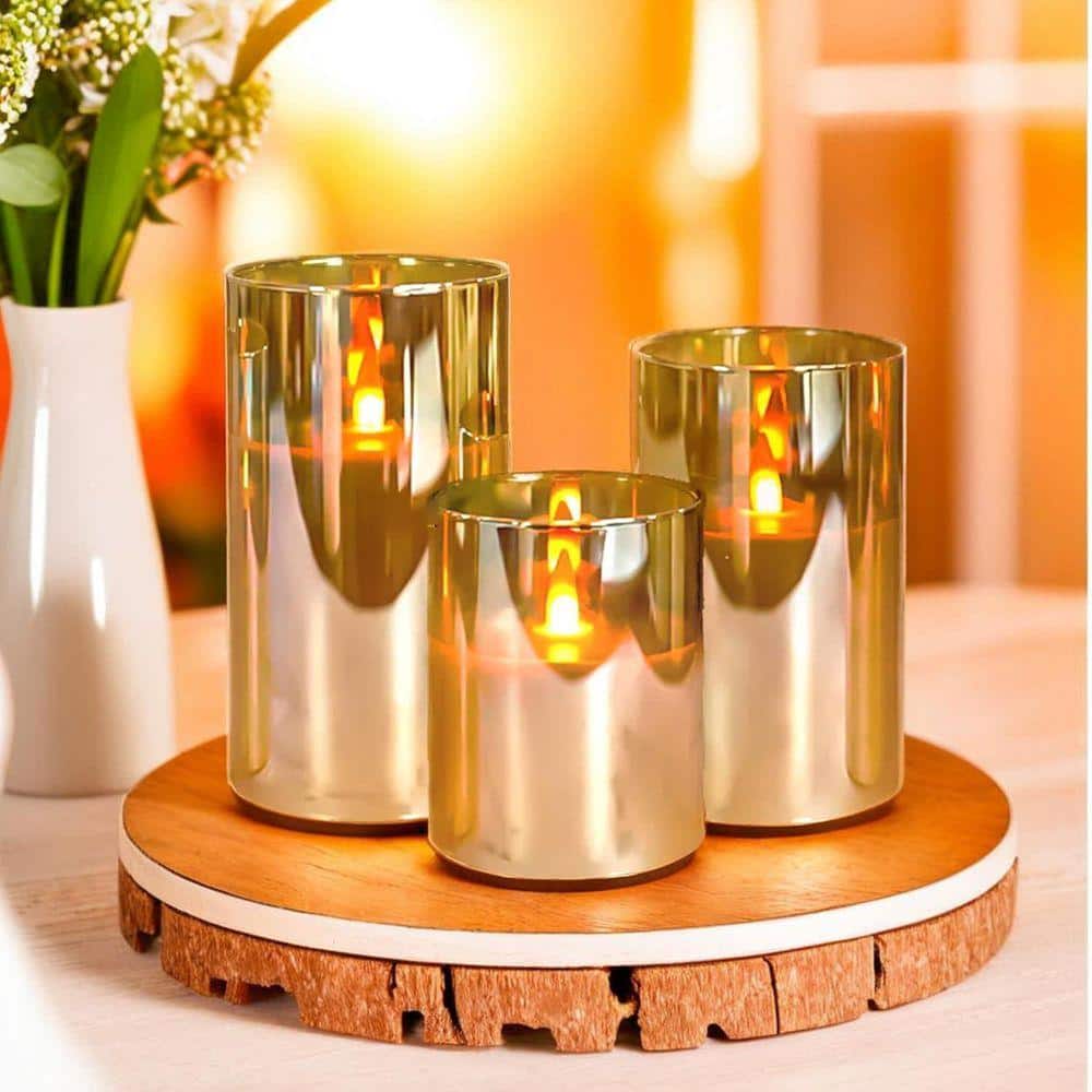3-Pack Gold Glass Flameless LED Candles: Battery-Operated with