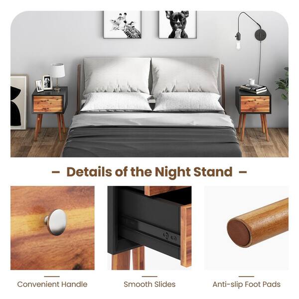 Costway 2-Drawer Black Nightstand 23.5 in. x 16 in. x 16 in. QD