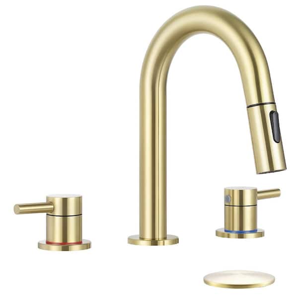 2 Handles 8 in. Widespread Bathroom Faucet 3-Hole Bathroom Sink Faucet With Pop-up Drain in Brushed Gold