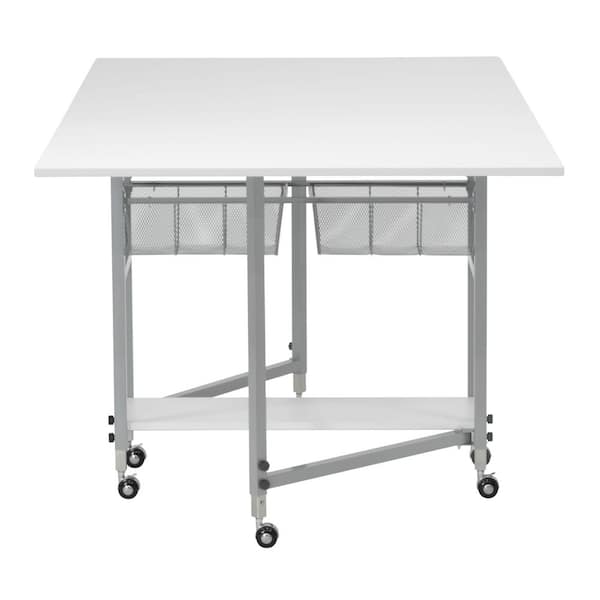 Sewing 60 in. W x 36 in. D MDF Folding Fabric Cutting Table with Drawers, Adjustable Height, Silver / White