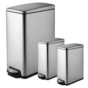 11.9 Gal. and Two 1.6 Gal. Slim Step-On Metal Household Trash Can Set for Kitchen, Office, Bathroom, Stainless Steel