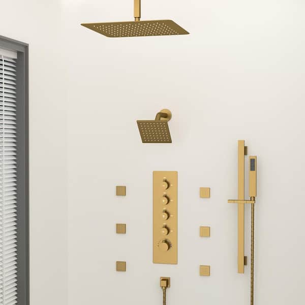 Thermostatic 5 Handles 15-Spray Shower Faucet Dual Shower Heads 2.5 GPM with Slide bar in Brushed Gold (Valve Included)
