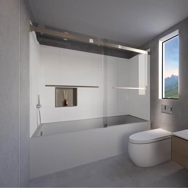 NuVo Winter White-Tetherow 60 in. L x 32 in. W x 83 in. H Rectangular Tub/ Shower Combo Unit in Brushed Nickel Left Drain