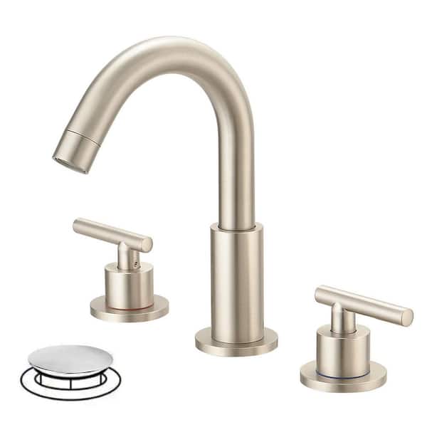 BWE 8 in. Widespread 2-Handle Mid-Arc Bathroom Faucet with Valve and cUPC Water Supply Lines in Brushed Nickel