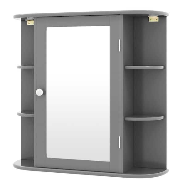 26 in. W x 25 in. H Rectangular MDF Medicine Cabinet with Mirror and 6 Open Storage Shelves in Gray