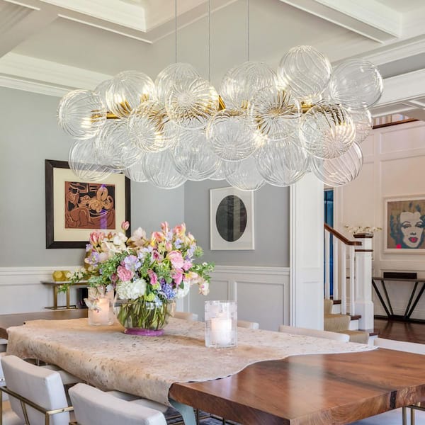 Dvorakova 42.13 in. 10-Light Brass Linear Bubble Cluster Chandelier with Textured Glass Shades for Dining Room