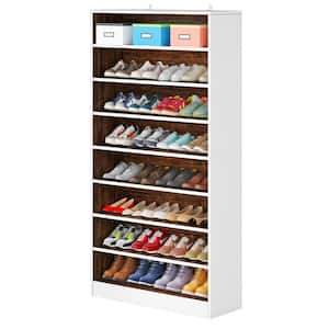 Lauren 71 in. H x 31.5 in. W White Wood 9-Tier Shoe Storage Cabinet with Brown Adjustable Shelves for Entryway, Hallway