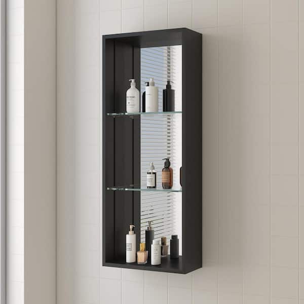 FAMYYT 16 in. W x 40 in. H x 4.4 in. D Aluminum Alloy Shower Niche in Matte Black with Mirror and Adjustable Shelves