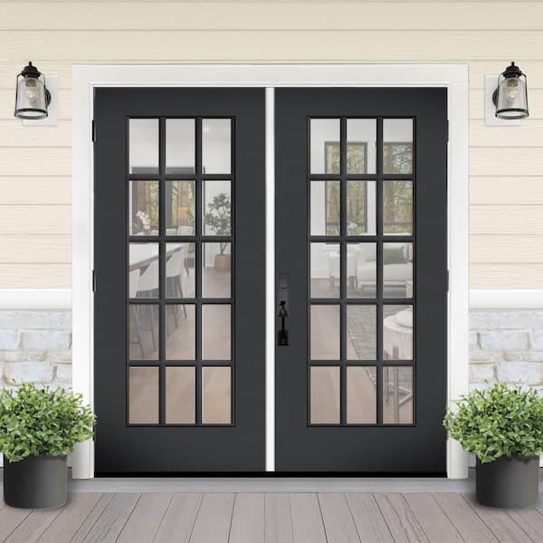 Reliant 72 in. x 80 in. FullLite 15L-SDL Clear Glass LHOS Black Finish Fiberglass Double Prehung Front Door w/4in. Jamb