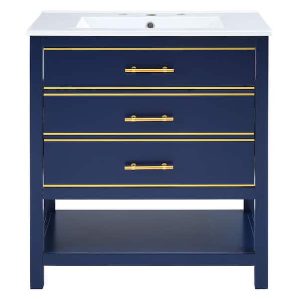 Virubi 29.9 in. W x 18.3 in. D x 33.7 in. H Single Sink Bath Vanity in Blue with White Ceramic Top, Open Storage and Drawers