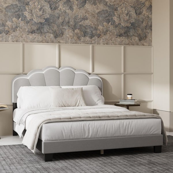 Light Gray Wood Frame Queen Size Platform Bed, Panle Bed, Upholstered Bed with Headboard & White LED Light
