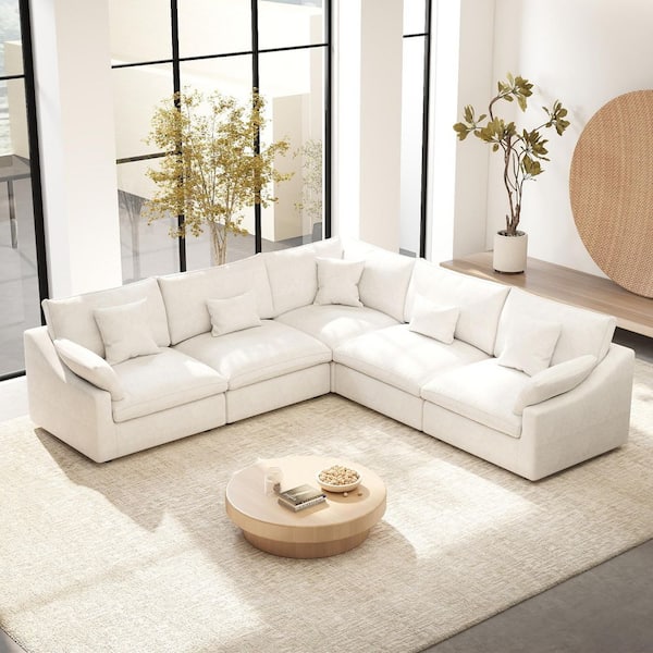 Modular Large 238 in. Flared Arm 5-Piece L-Shaped Linen Cloud Couch Sectional Sofa in White