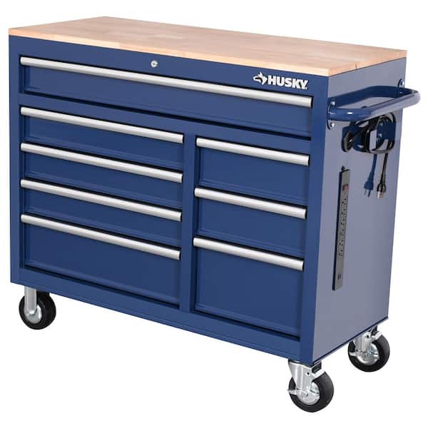 Husky 42 in. W x 18.1 in. D 8-Drawer Blue Mobile Workbench Cabinet with Solid Wood Top
