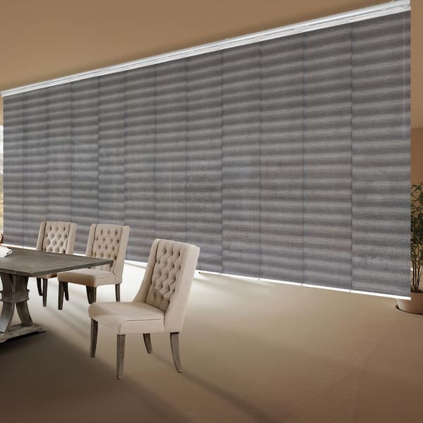 EMOH Shadow Stripe 140 in. - 260 in. W x 116 in. L Adjustable 12-Panel White Double Rail Panel Track with 23.5 in. Slates
