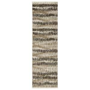 Brooker Beige/Charcoal 2 ft. x 8 ft. Distressed Abstract Stripe Recycled PET Yarn Indoor Runner Area Rug