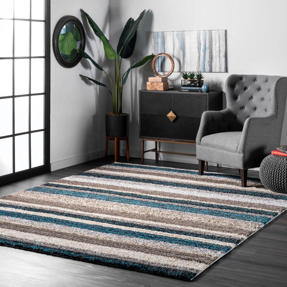Blue Multi Striped Hand-Tufted Shag Area Rug 5' x 8'