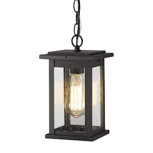 8.9 In.1-Light Exterior Black Not Solar Outdoor Pendant Light with Seeded Glass for Porch