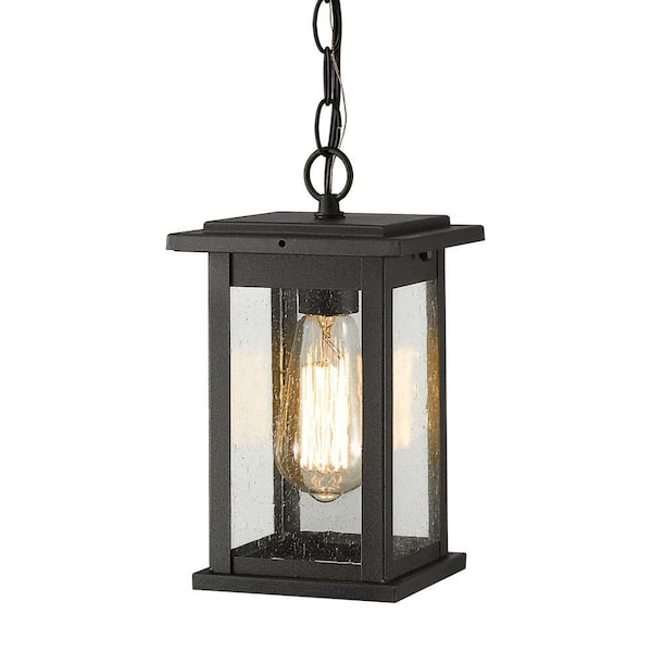 JAZAVA 8.9 In.1-Light Exterior Black Not Solar Outdoor Pendant Light with Seeded Glass for Porch