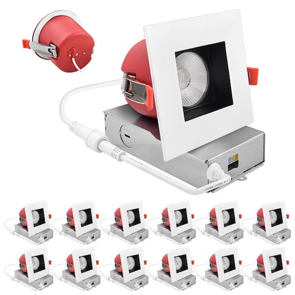 4 in.Square Integrated LED Recessed Light J-Box 5CCT 2Hour Fire Rated 15W 1000LM 60° Dimmable Wet Rated Black/White 12PK