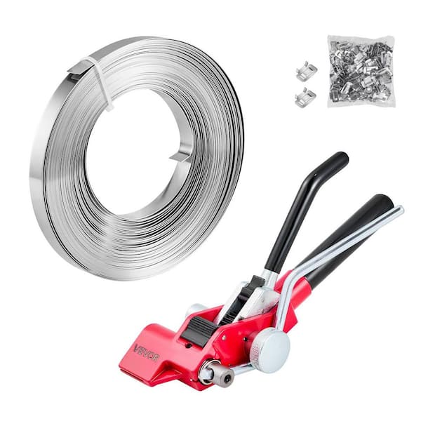 Steel Banding Strapping Kit, Heavy Duty Banding Sealer Tool with 100 ft. Binding Straps, 100 Metal Clasps for Warehouse
