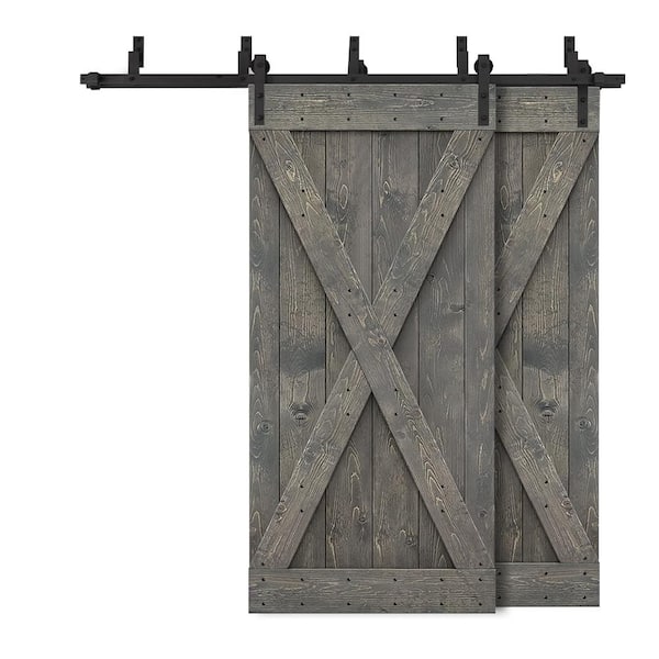CALHOME 72 in. x 84 in. X Series Bypass Weather Gray Stained Solid Pine Wood Interior Double Sliding Barn Door with Hardware Kit