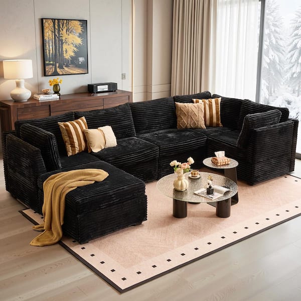 Cuke 127 in. Wide 6-Piece Modern Deep Seat Plush Corduroy L-Shape Modular Sectional Sofa Couch in Black with Ottoman