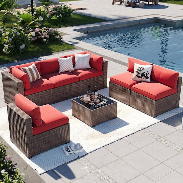 Sizzim Brown 7-Piece Wicker Rattan Outdoor Sectional Set with Red Cushions, Coffee Table and Set Cover