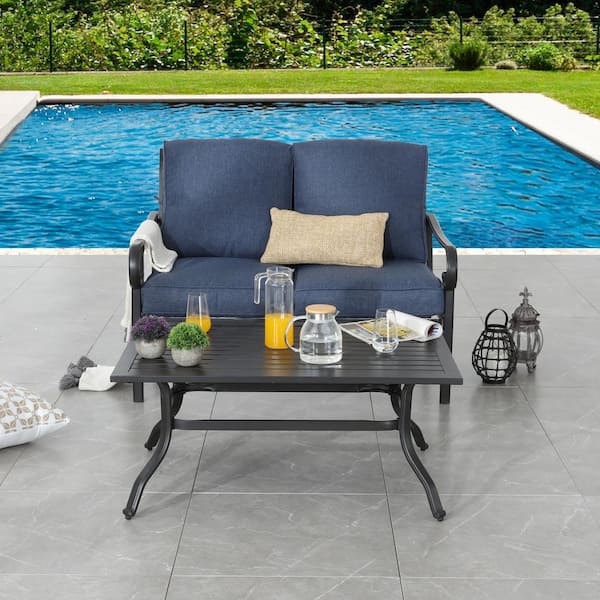 Patio Festival 2-Piece Outdoor Metal Conversation Set with Blue Cushions