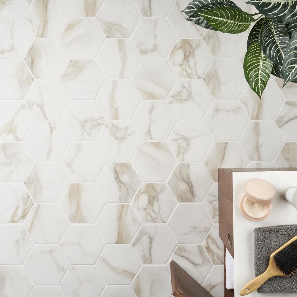 Santorini 6" Hexagon Matte White Marble Porcelain Tile