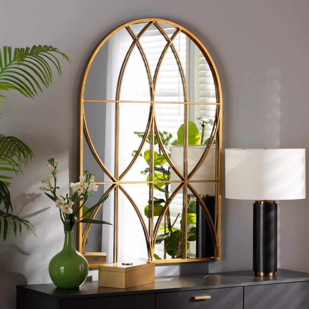 Celerina 48'' Gold Finished Arched Metal & Leather Wall Mirror