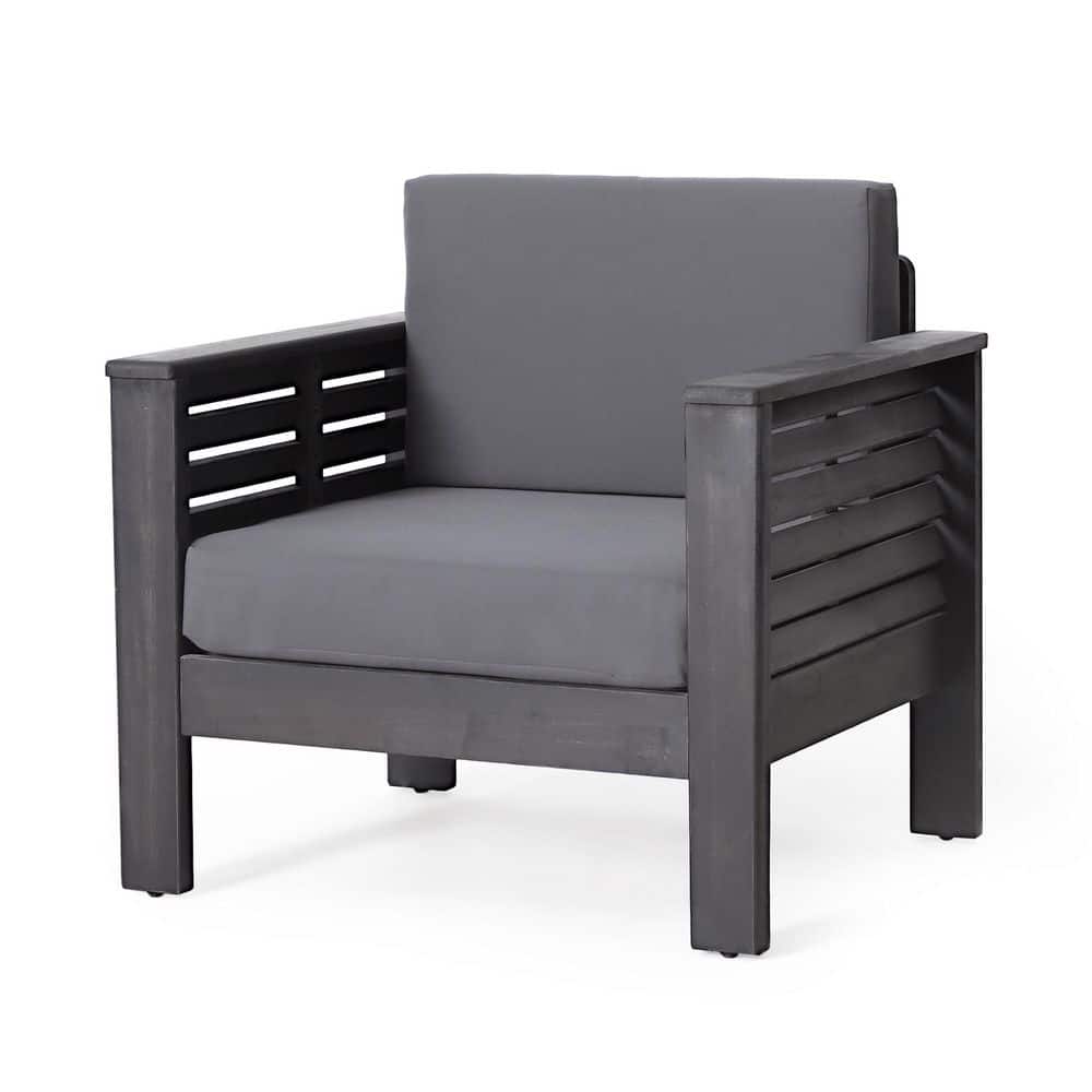 Outdoor Acacia Wood Lounge Chair with Gray Cushions, Patio Club Chairs for 