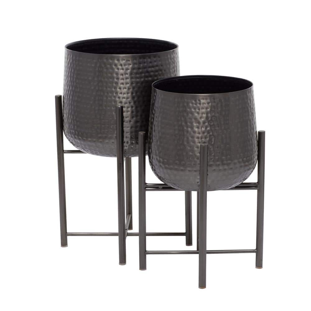 Large Black Metal Planter with Removable Stand, Set of 2