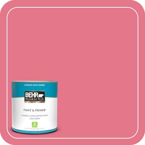 BEHR PREMIUM PLUS 1 qt. #120B-6 Watermelon Pink Satin Enamel Low Odor Interior Paint & Primer