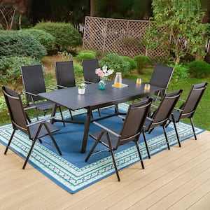 9-Piece Metal Outdoor Dining Set with Extensible Rectangular Slat Table and Black Folding Chairs
