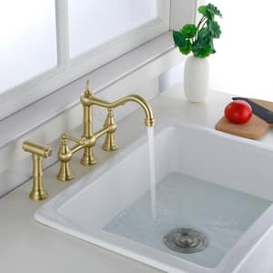 Double Handle Bridge Kitchen Faucet in Gold with Pull-Out Side Spray