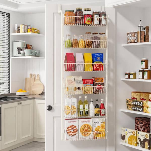 White Over Door Pantry Organizer with 6-Tier Spice Rack and Removable Baskets for Kitchen Bathroom Storage