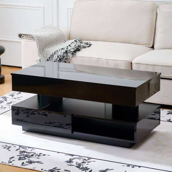Ivan 39.37 in. Black Rectangle Wood Lift Top Coffee Table with Hidden Compartment, 2 Drawers, Ajustable LED Lights