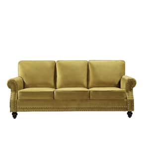 Ramos 85 in. W Round Arm 3-Seats Strong Yellow Velvet Nailhead Straight Lawson Sofa in Yellow