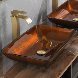 22.5 in. W Rectangular Vessel Sink in Orange Glass with Faucet and Pop-Up Drain
