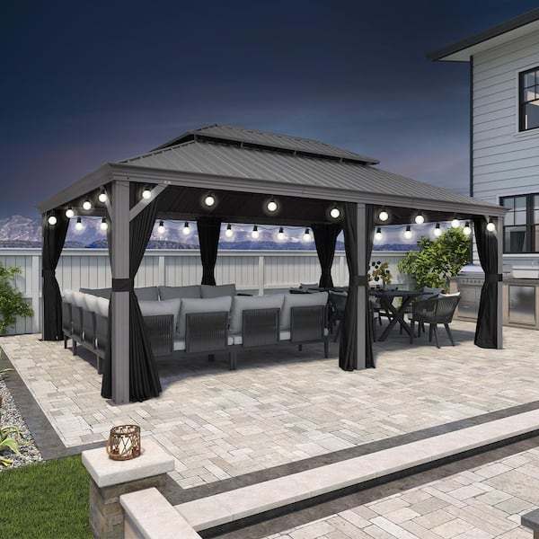 14 ft.x 20 ft.Light Gray Patio Outdoor Gazebo for Backyard Hardtop Aluminum Frame, Hooks, Curtain, Netting and 24-Lights