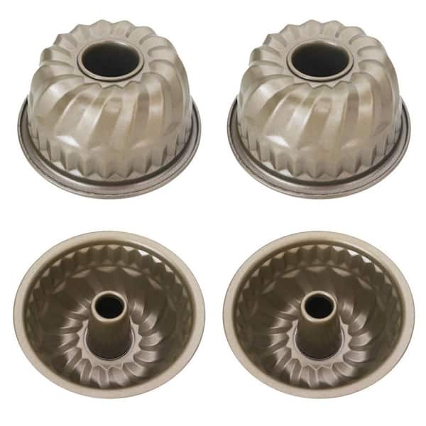 Mini Fluted Cake Pan 4-Cup Carbon Steel Nonstick Bundt Baking Mold Set Gold Reusable Bakeware 4pcs