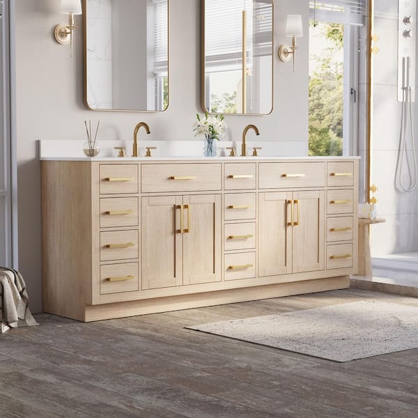 84 in. Double Sink Freestanding Solid Wood Bath Vanity in OAK with White Quartz Top, Soft-Close, Full Assembled