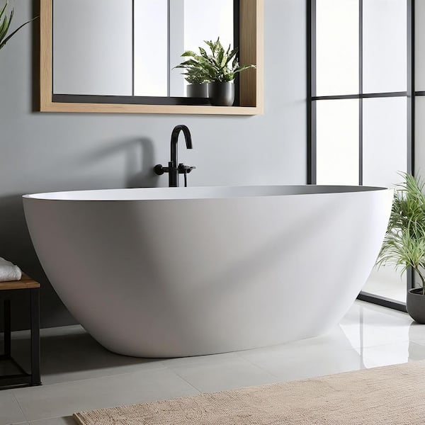 69 in. x 29.5 in. Solid Surface Soaking Freestanding Bathtub with Center Drain in White