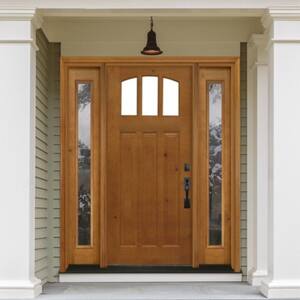 64 in. x 80 in. Craftsman 3 Lite Arch Stained Knotty Alder Wood Prehung Front Door with Sidelites