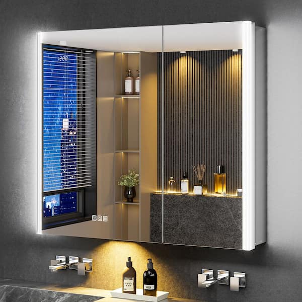 AuraPro 36 in.W x 32 in.H Rectangular Surface/Recessed Wall Mount Lighted Medicine Cabinet with Mirror,Magnifying Glass