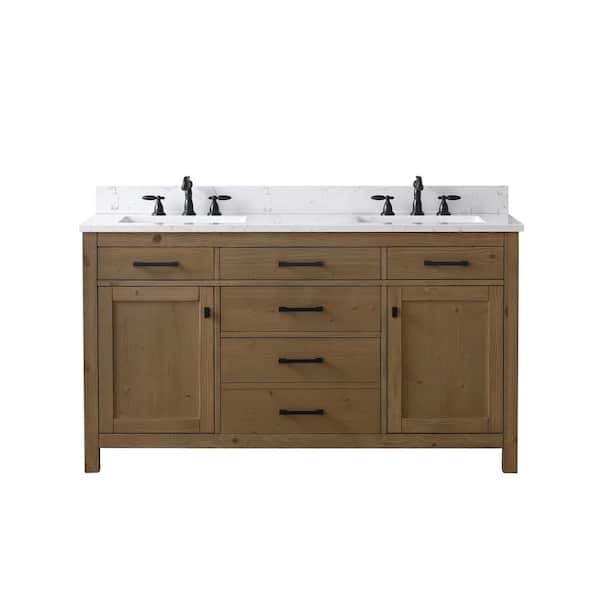 Jasper 60 in. W x 22 in. D Bath Vanity in Textured Natural with Engineered Stone Top in Carrara White with White Sinks