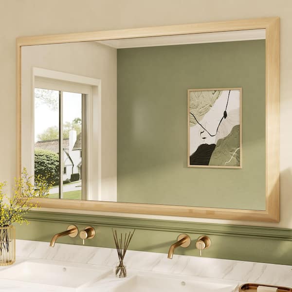 55 in. H x 36 in. W Rectangular Aluminum Alloy Framed and Tempered Glass Wall Bathroom Mirror in Light Yellow Wood