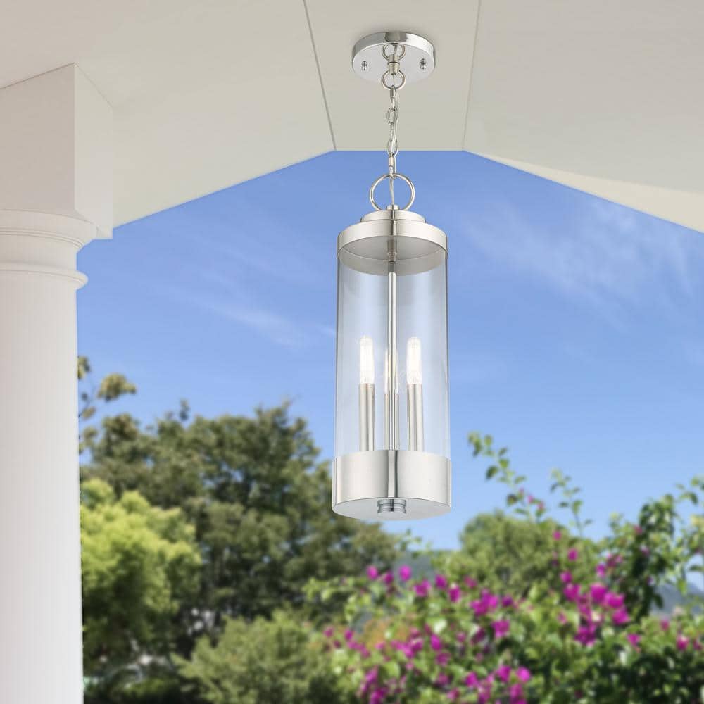 Polished Chrome 3-Light Outdoor Hanging Lantern with Clear Glass