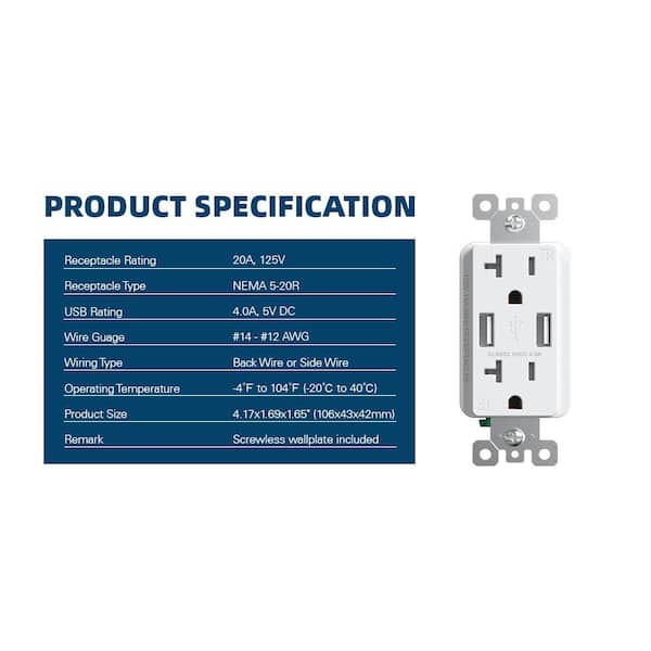 4 Amp USB Dual Type A In-Wall Charger with 20 Amp Duplex Tamper Resistant Outlet, Wall Plate Included, White(6-Pack)